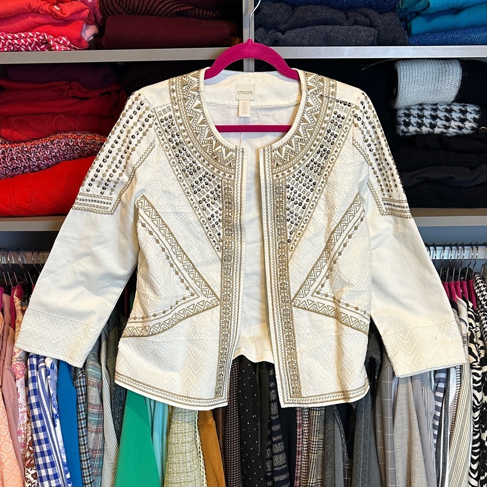 Chico’s white/tan embellished/embroidered 3/4 sleeve open front blazer size S